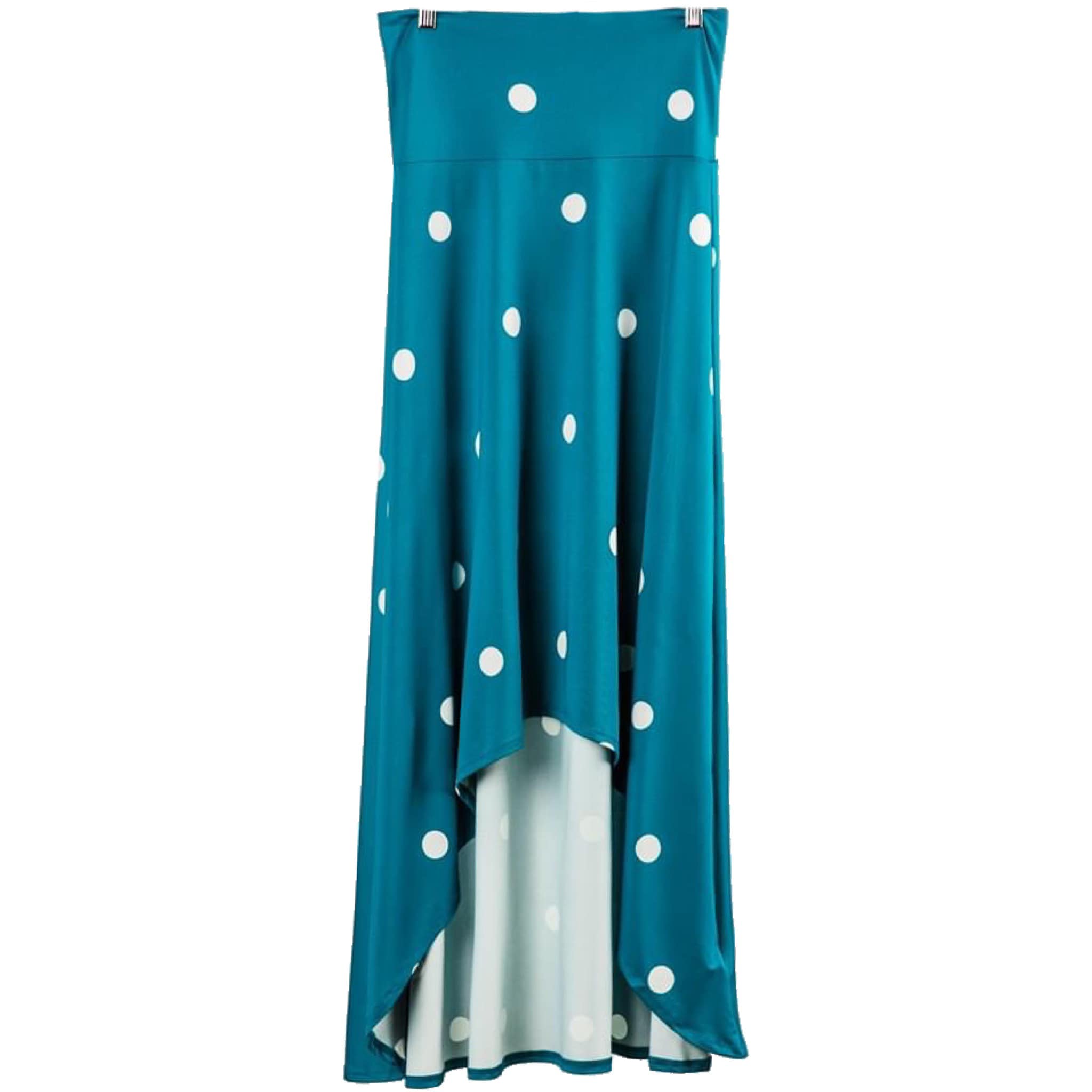 OLIVIA HIGH-LOW MAXI SKIRT - TEAL & WHITE POLKADOTS