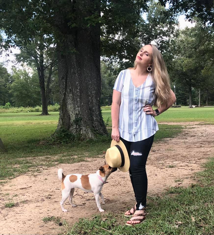 SHANNAH V-NECK BUTTON DOWN - WHITE & BLUE STRIPE