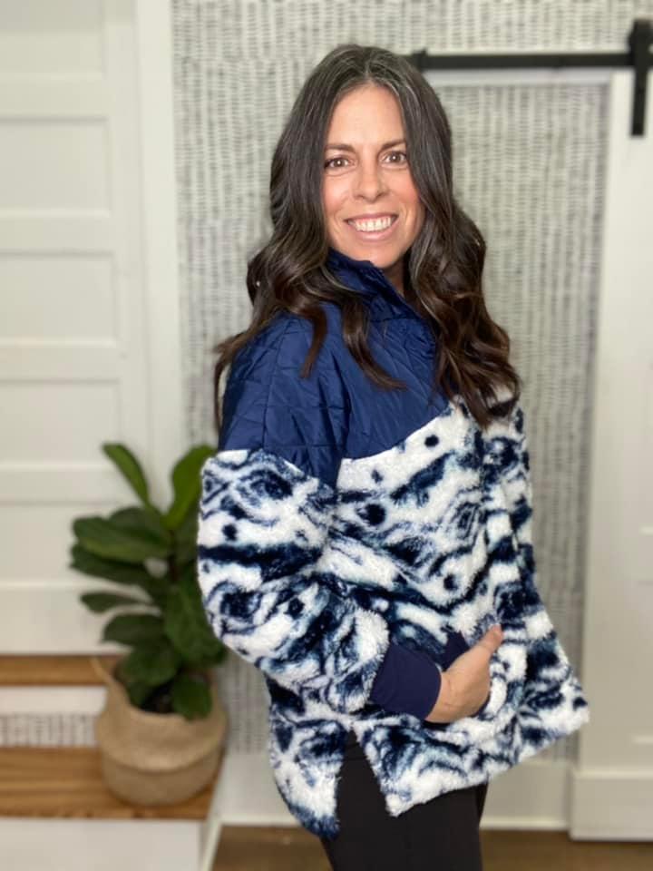 NANCY HALF ZIP PULLOVER - HALF NAVY PRINT