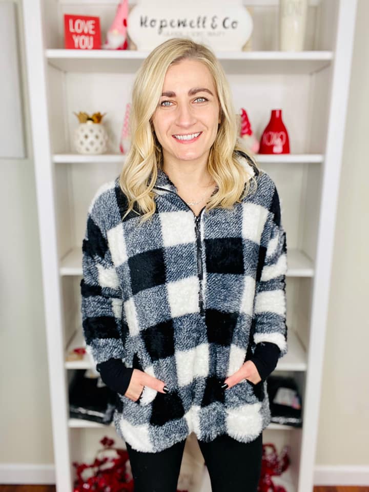 NANCY HALF ZIP PULLOVER - BLACK & WHITE PLAID