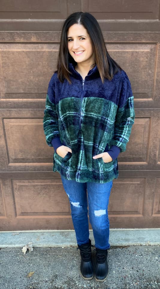 NANCY HALF ZIP PULLOVER - BLUE & GREEN PLAID