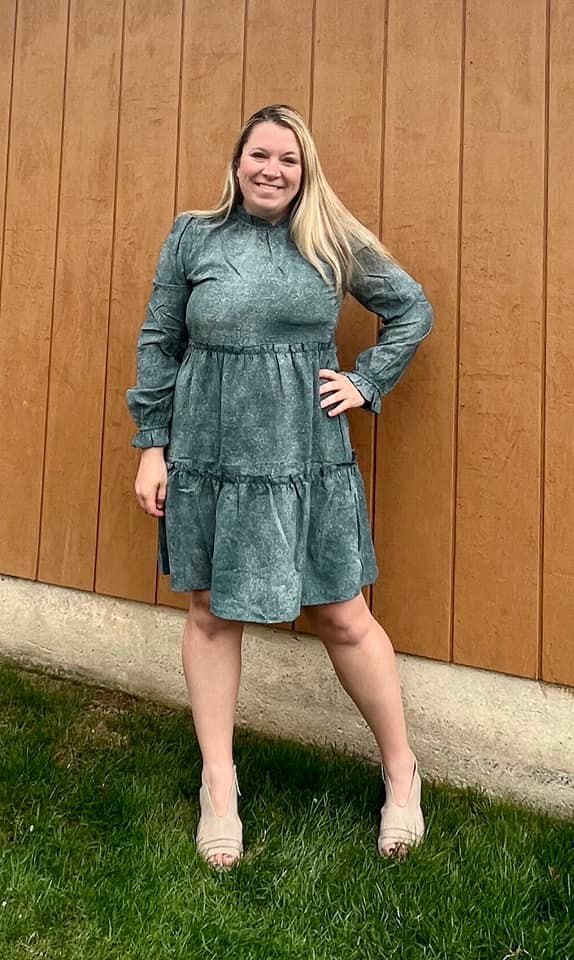 ANNABELLE RUFFLED TIERED DRESS- SLATE TEAL