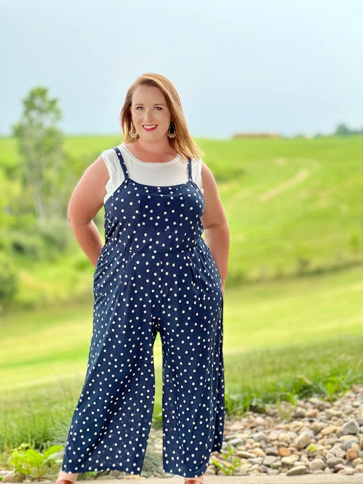 LEOLA CAMI JUMPSUIT - NAVY & WHITE PLOKA-DOT