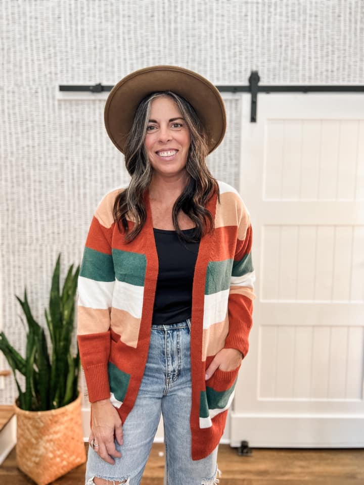 PEYTON KNIT CARDIGAN - RUST STRIPE