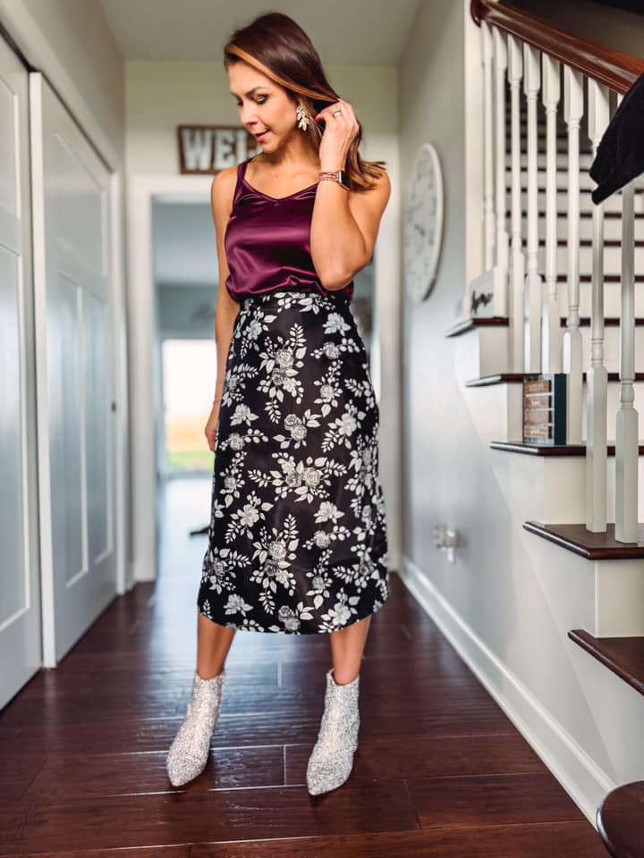 AUTUMN SATIN MIDI SKIRT - BLACK FLORAL