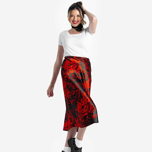 AUTUMN SATIN MIDI SKIRT - RED FLORAL