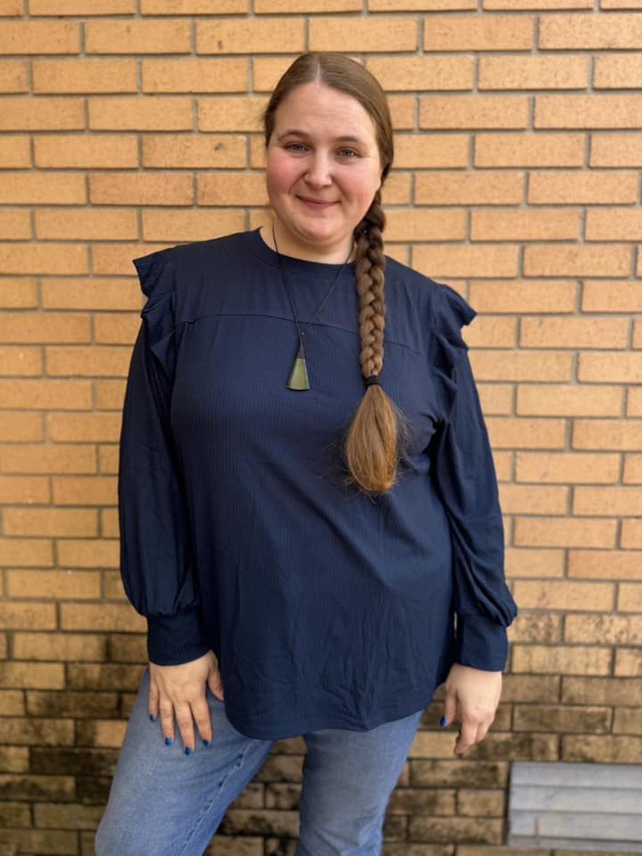 BRIELLE RUFFLE SHOULDER TOP - NAVY BLUE